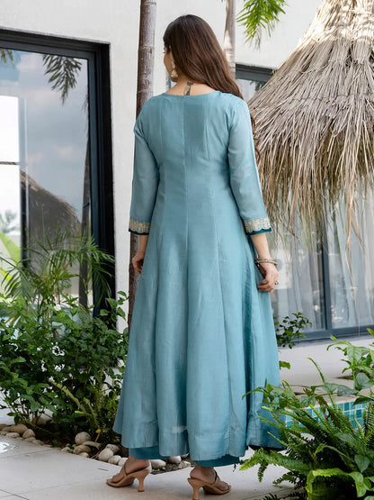 Women's Beautiful Vichitra Silk Fabric Embroidery Work Flared Anarkali Pant and Dupatta Set 815