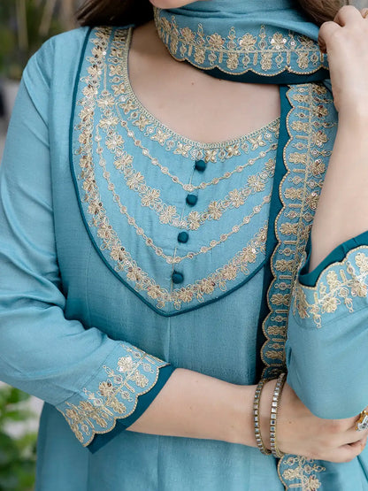 Women's Beautiful Vichitra Silk Fabric Embroidery Work Flared Anarkali Pant and Dupatta Set 815