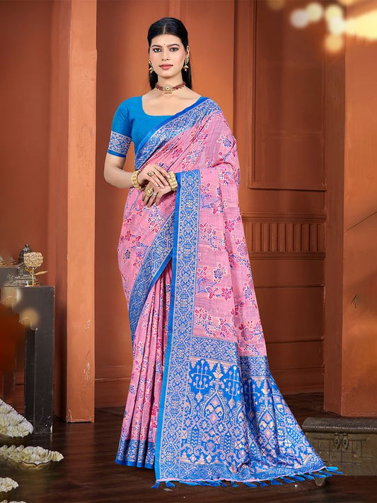 Pink Color Cotton Silk Fabric Woven Meenakari Designer Ethnic Saree