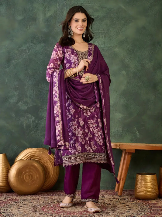 Women's Beautiful Embroidery Work Chinon silk Fabric Straight Kurta Pant and Dupatta Set