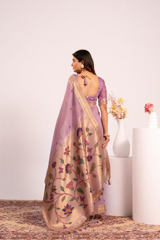 Purple Color Muga Cotton Fabric Paithani Weaving Designer Partywear Saree