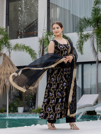 Women's Gorgeous Printed Muslin Fabric Flared Kurta Pant and Dupatta Set