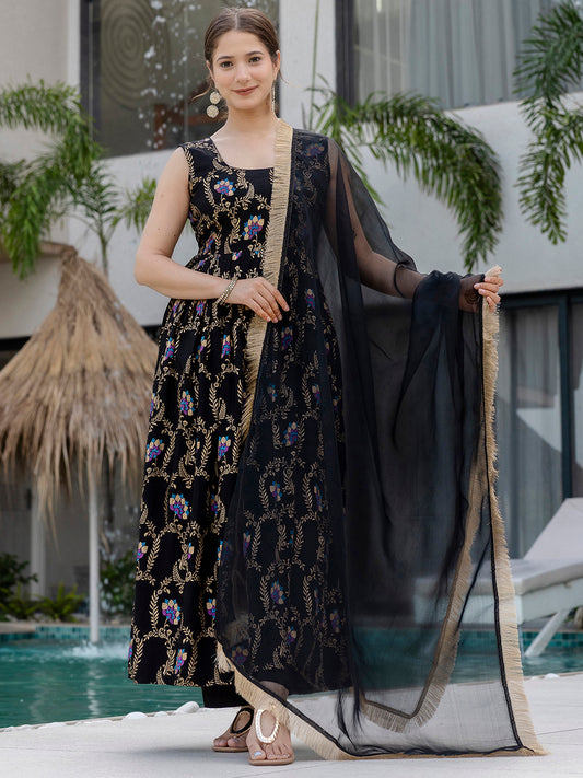 Women's Gorgeous Printed Muslin Fabric Flared Kurta Pant and Dupatta Set