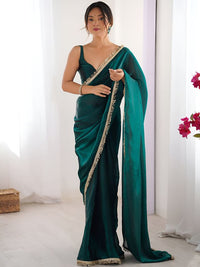 Rama Color Space Silk Fabric Saree With Zalar Lace Border Ethnic Girlie Saree