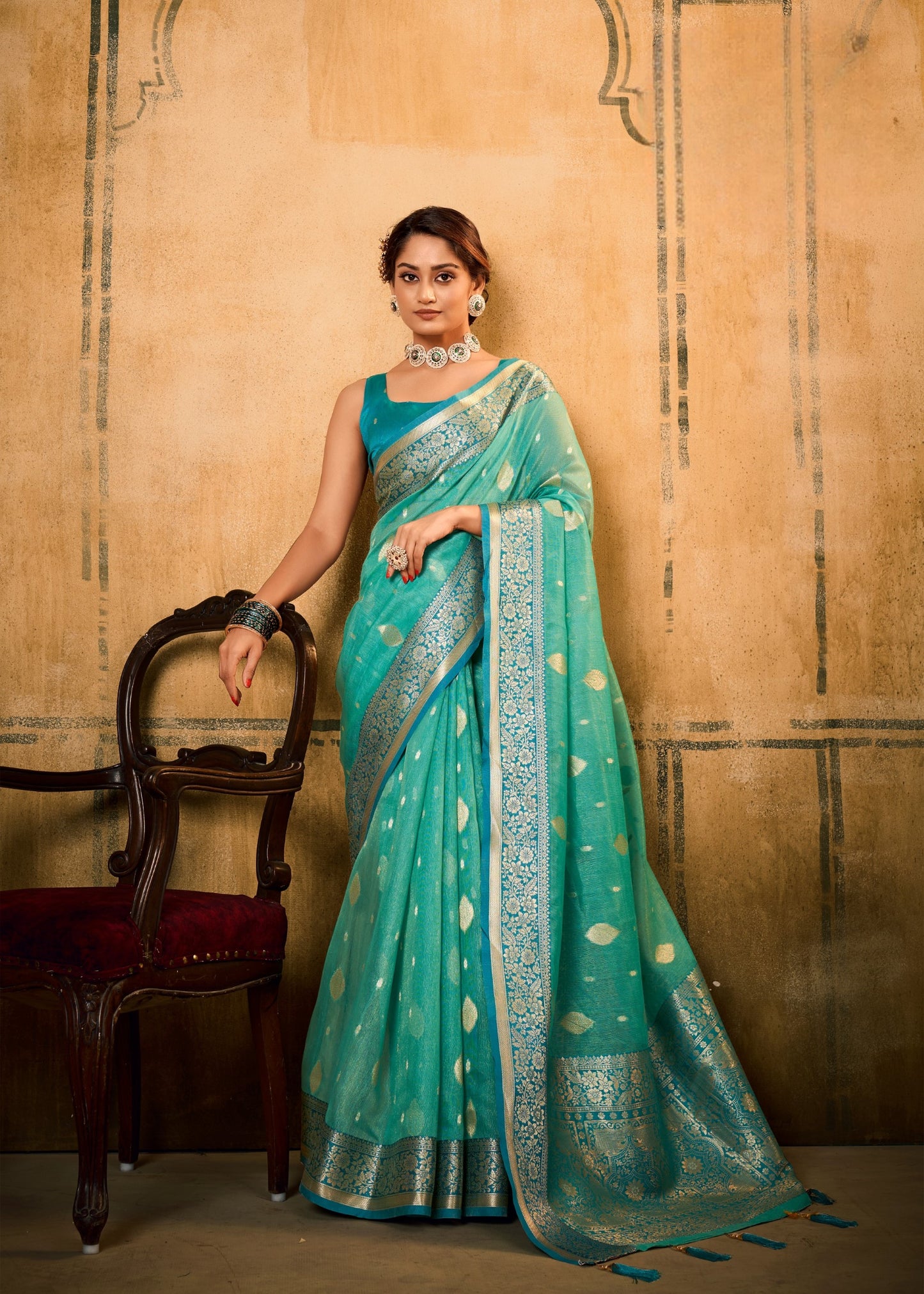 Turquoise Soft Tusser Silk With Kalamkari Weaving Saree With Blouse