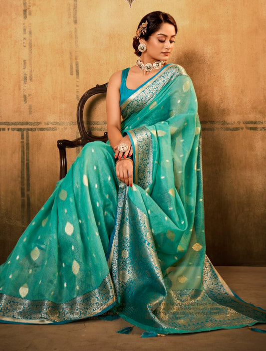 Turquoise Soft Tusser Silk With Kalamkari Weaving Saree With Blouse