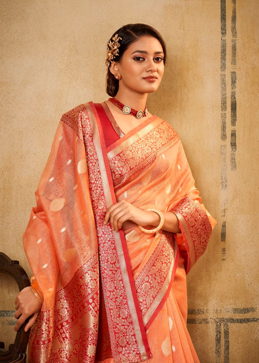 Orange Soft Tusser Silk With Kalamkari Weaving Saree With Blouse