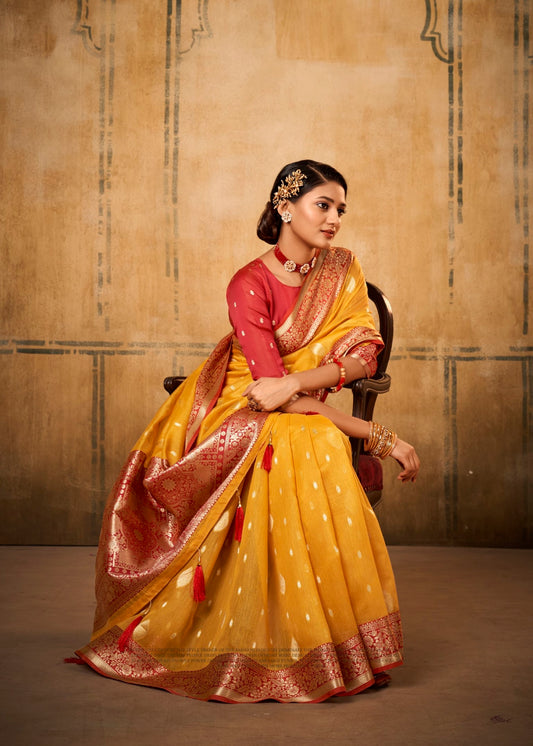 Yellow Soft Tusser Silk With Kalamkari Weaving Saree With Blouse