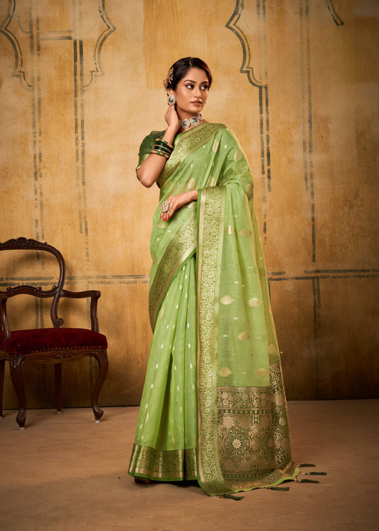 Green Soft Tusser Silk With Kalamkari Weaving Saree With Blouse
