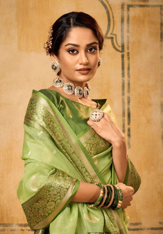 Green Soft Tusser Silk With Kalamkari Weaving Saree With Blouse