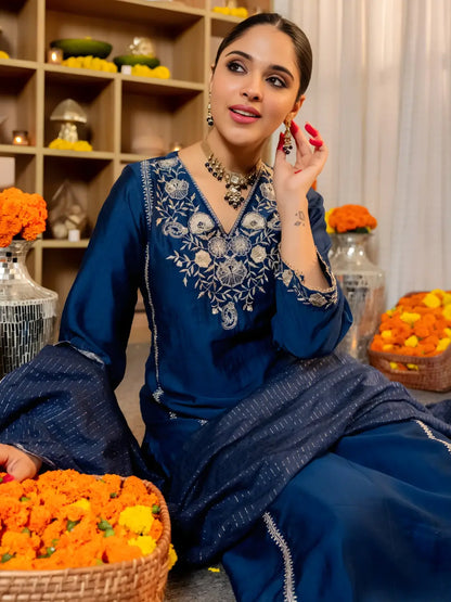 Women's Beautiful Viscose Silk Fabric Embroidery Work A-Line Kurta Pant and Dupatta Set