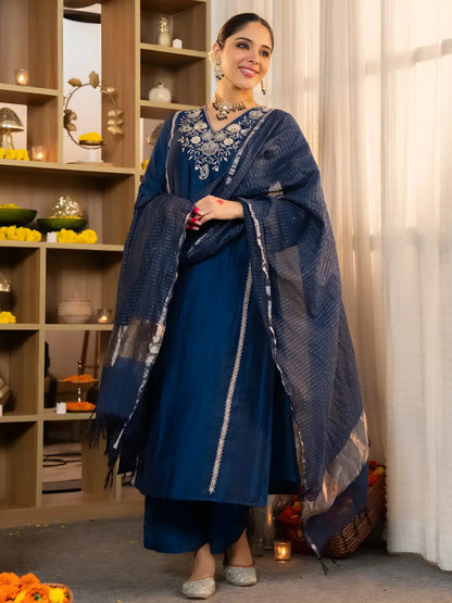 Women's Beautiful Viscose Silk Fabric Embroidery Work A-Line Kurta Pant and Dupatta Set
