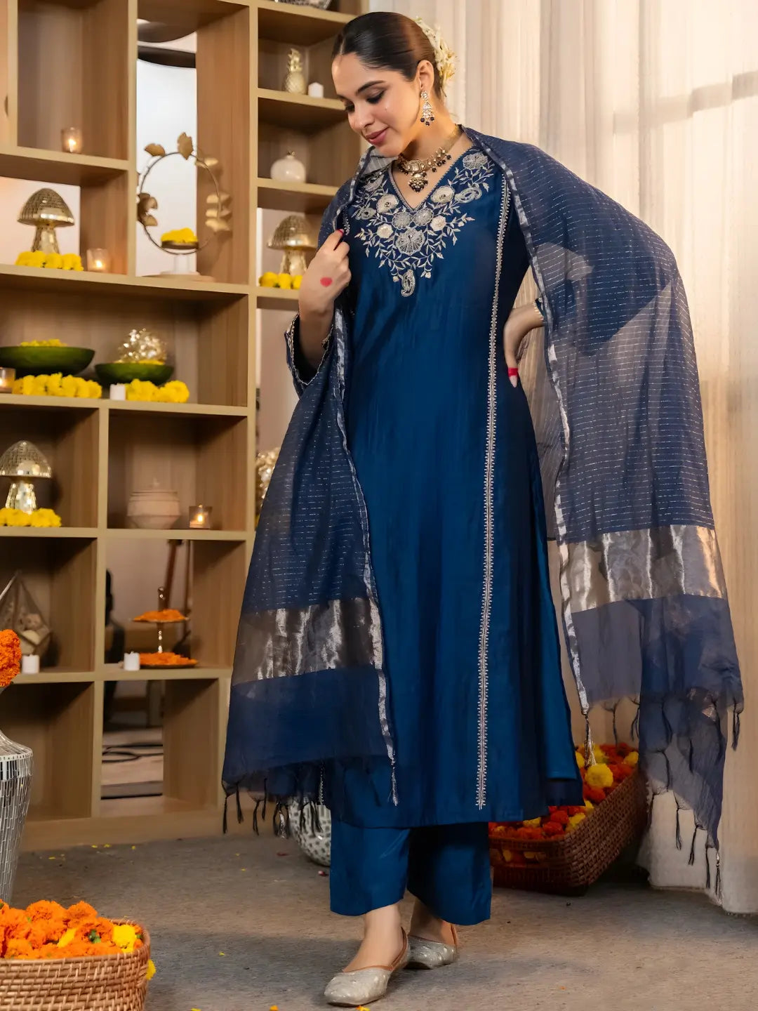 Women's Beautiful Viscose Silk Fabric Embroidery Work A-Line Kurta Pant and Dupatta Set