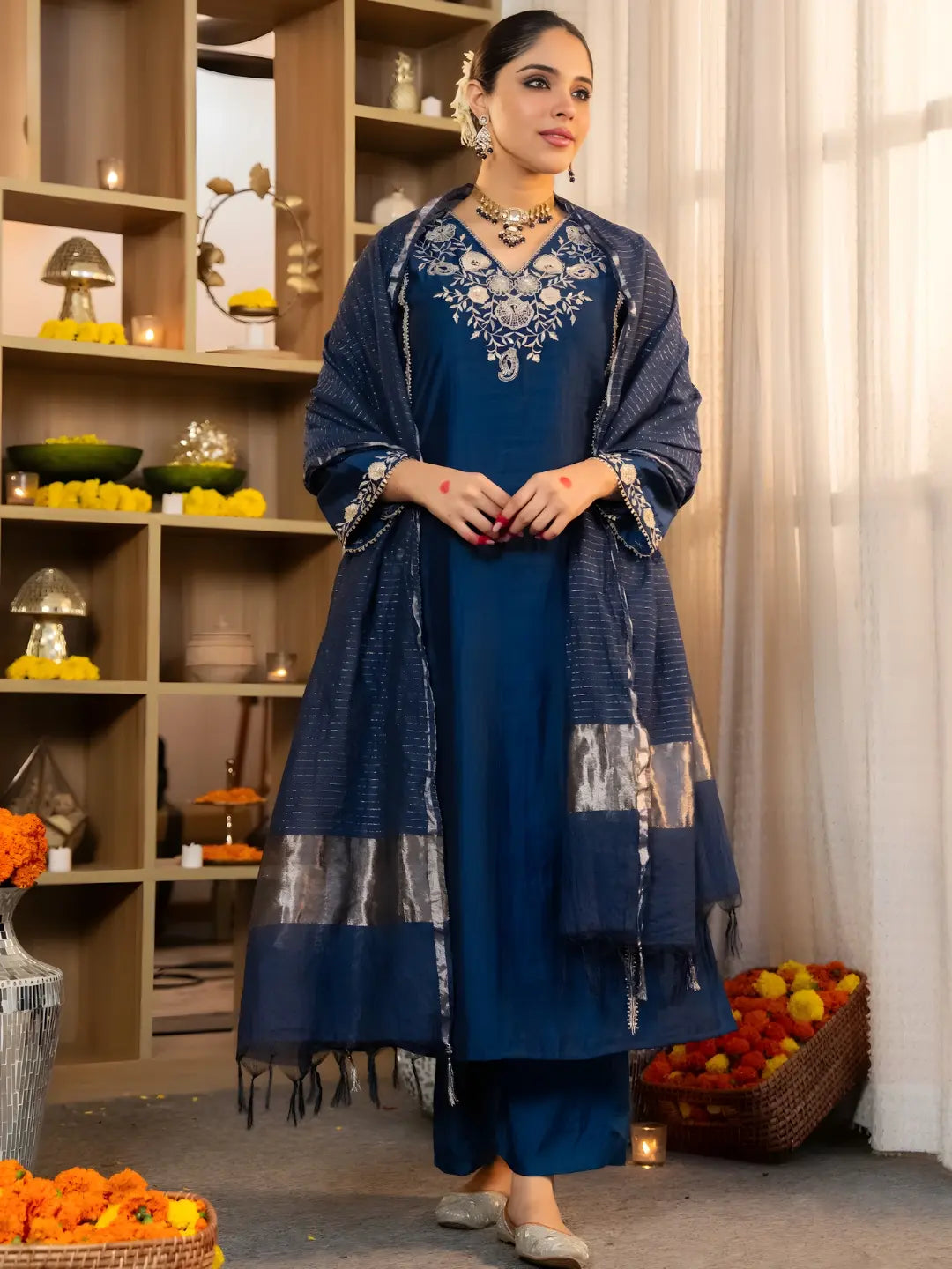 Women's Beautiful Viscose Silk Fabric Embroidery Work A-Line Kurta Pant and Dupatta Set