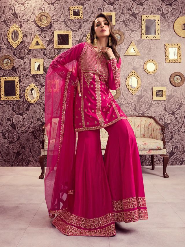 Pink Color Beautiful Readymade Dress On Chanderi Fabric For Graceful Girlie Looks