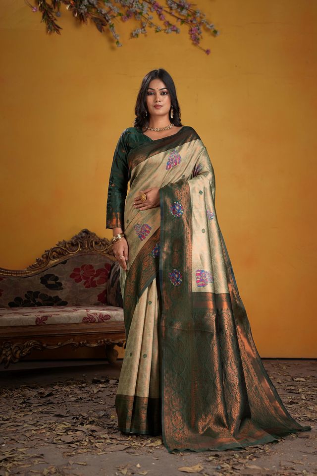 Green Color Beautiful Art Silk Fabric Woven Jacquard Designer Saree