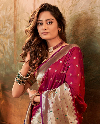 Maroon Designer Zari Weaving Pure Paithani Silk Saree With Blouse