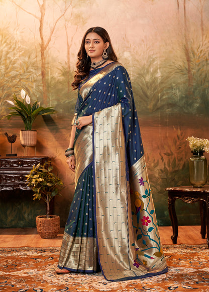 Navy Blue Designer Zari Weaving Pure Paithani Silk Saree With Blouse