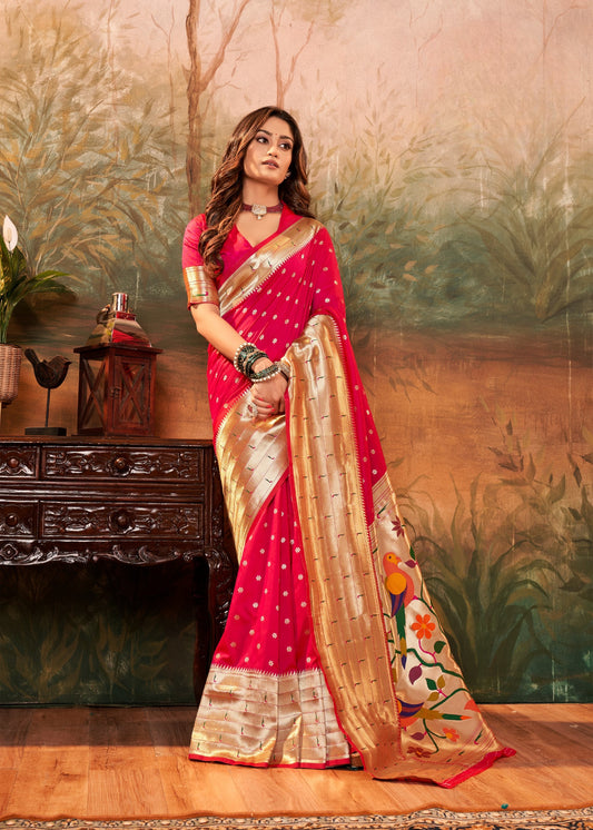 Pink Designer Zari Weaving Pure Paithani Silk Saree With Blouse