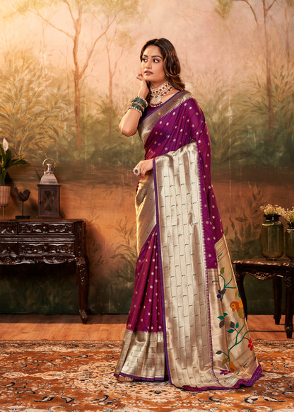 Purple Designer Zari Weaving Pure Paithani Silk Saree With Blouse