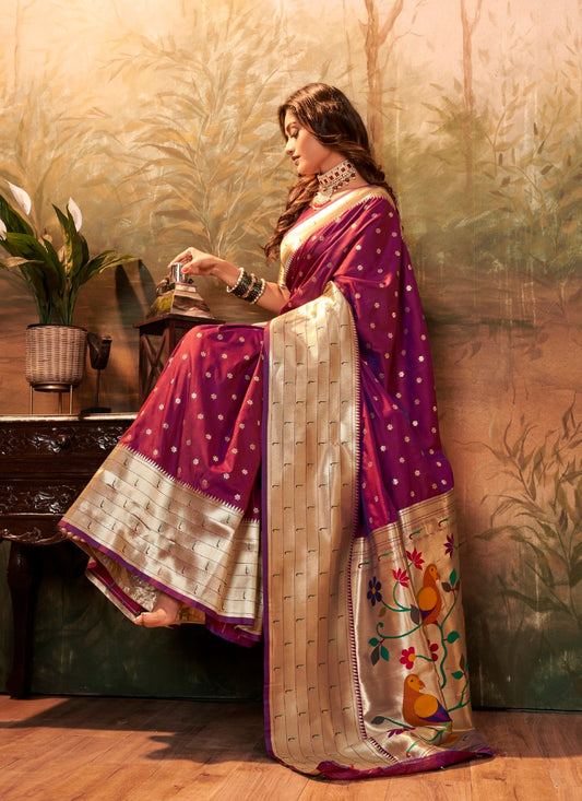 Purple Designer Zari Weaving Pure Paithani Silk Saree With Blouse