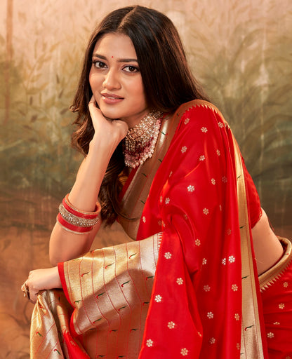 Red Designer Zari Weaving Pure Paithani Silk Saree With Blouse