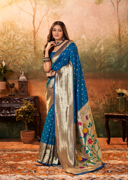 Teal Designer Zari Weaving Pure Paithani Silk Saree With Blouse