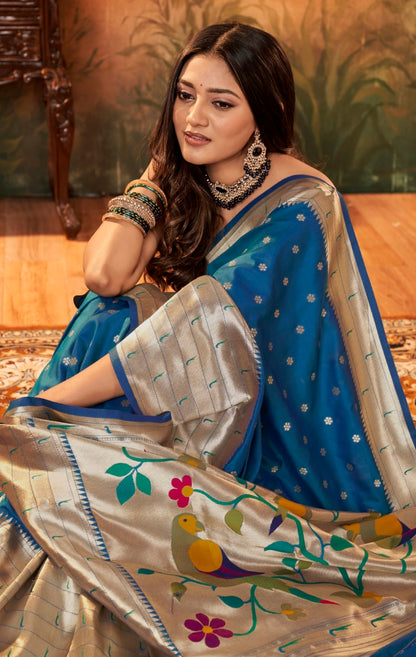 Teal Designer Zari Weaving Pure Paithani Silk Saree With Blouse