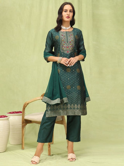 Green Color Silk Blend Fabric Designer Embroidered Suit