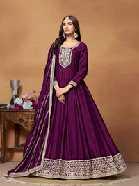 Wine Embroidered Art Silk Semi Stitched Anarkali Suit