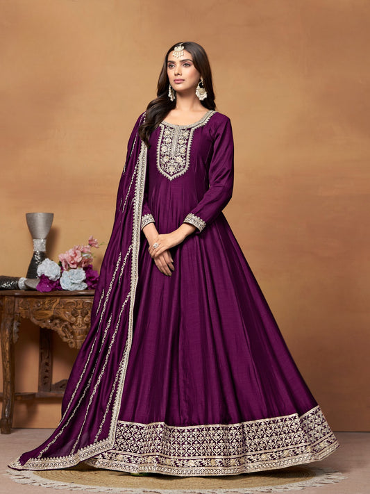 Wine Embroidered Art Silk Semi Stitched Anarkali Suit