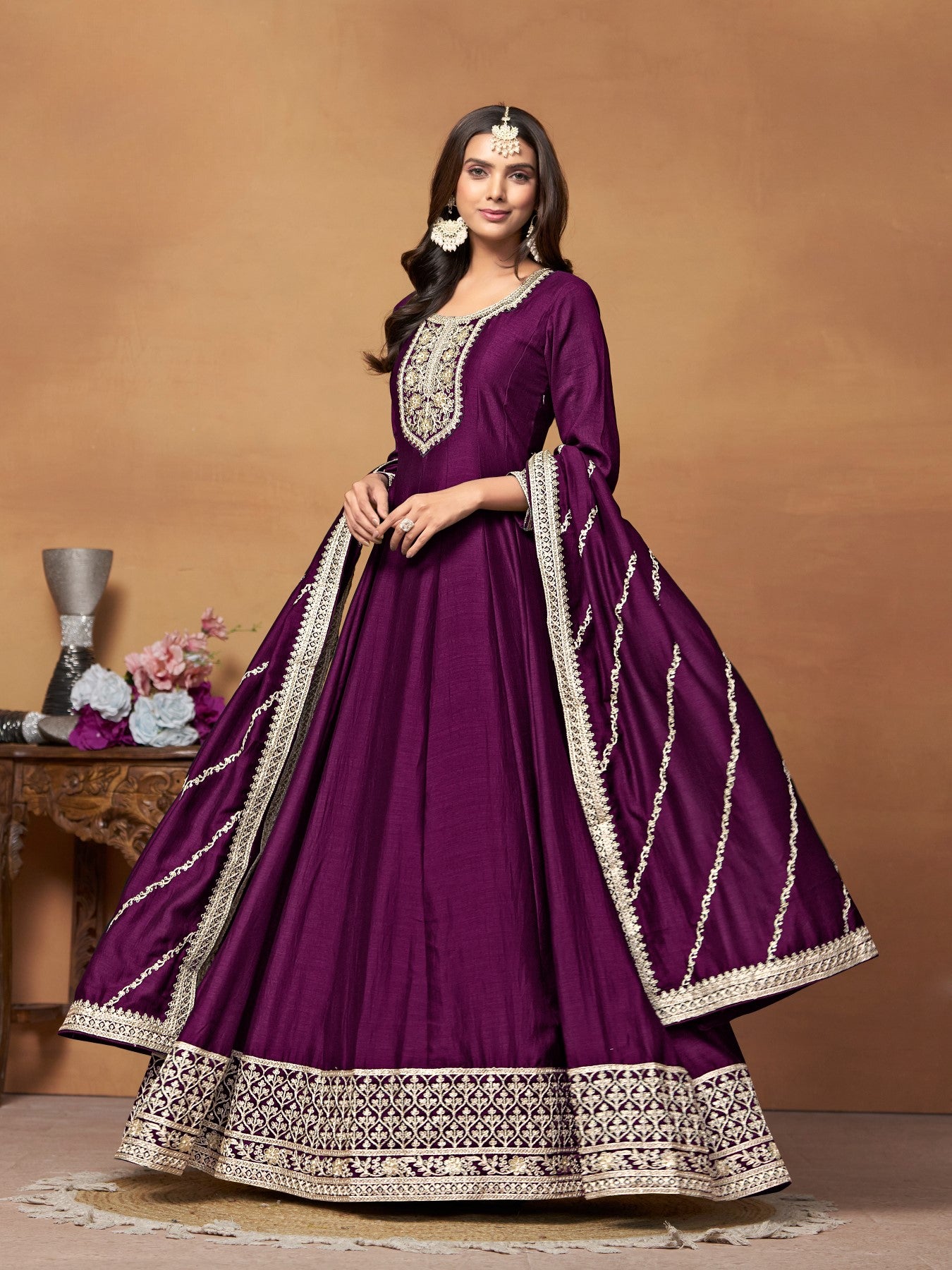 Wine Embroidered Art Silk Semi Stitched Anarkali Suit
