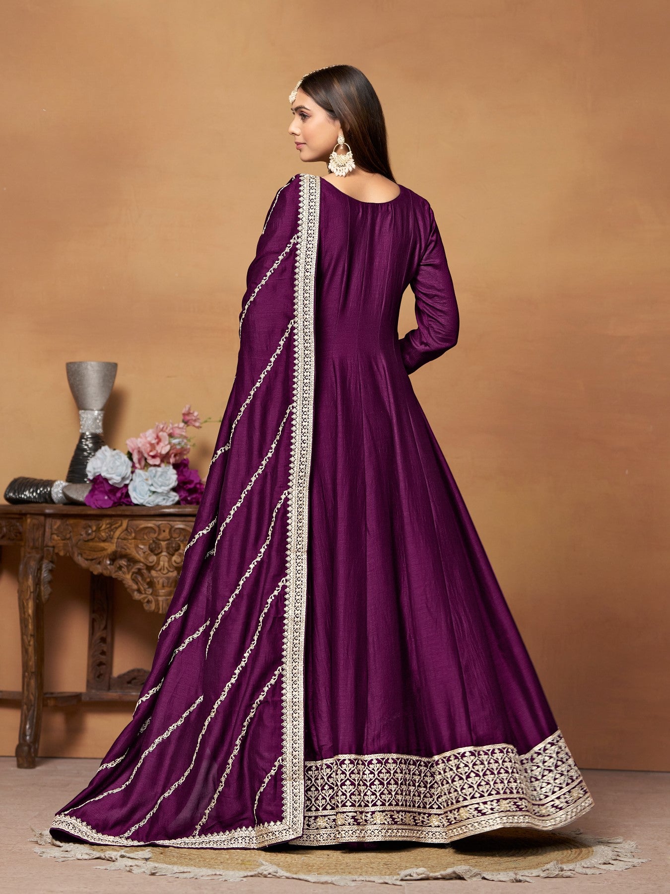 Wine Embroidered Art Silk Semi Stitched Anarkali Suit