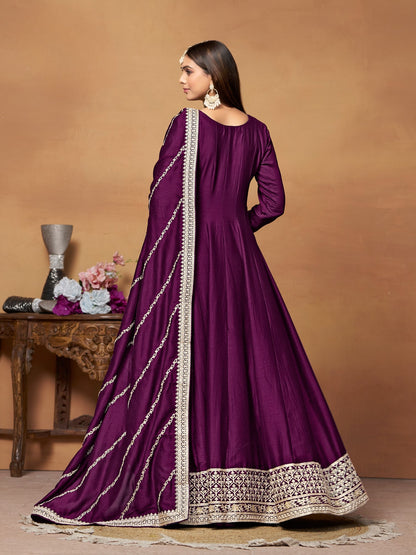 Wine Embroidered Art Silk Semi Stitched Anarkali Suit