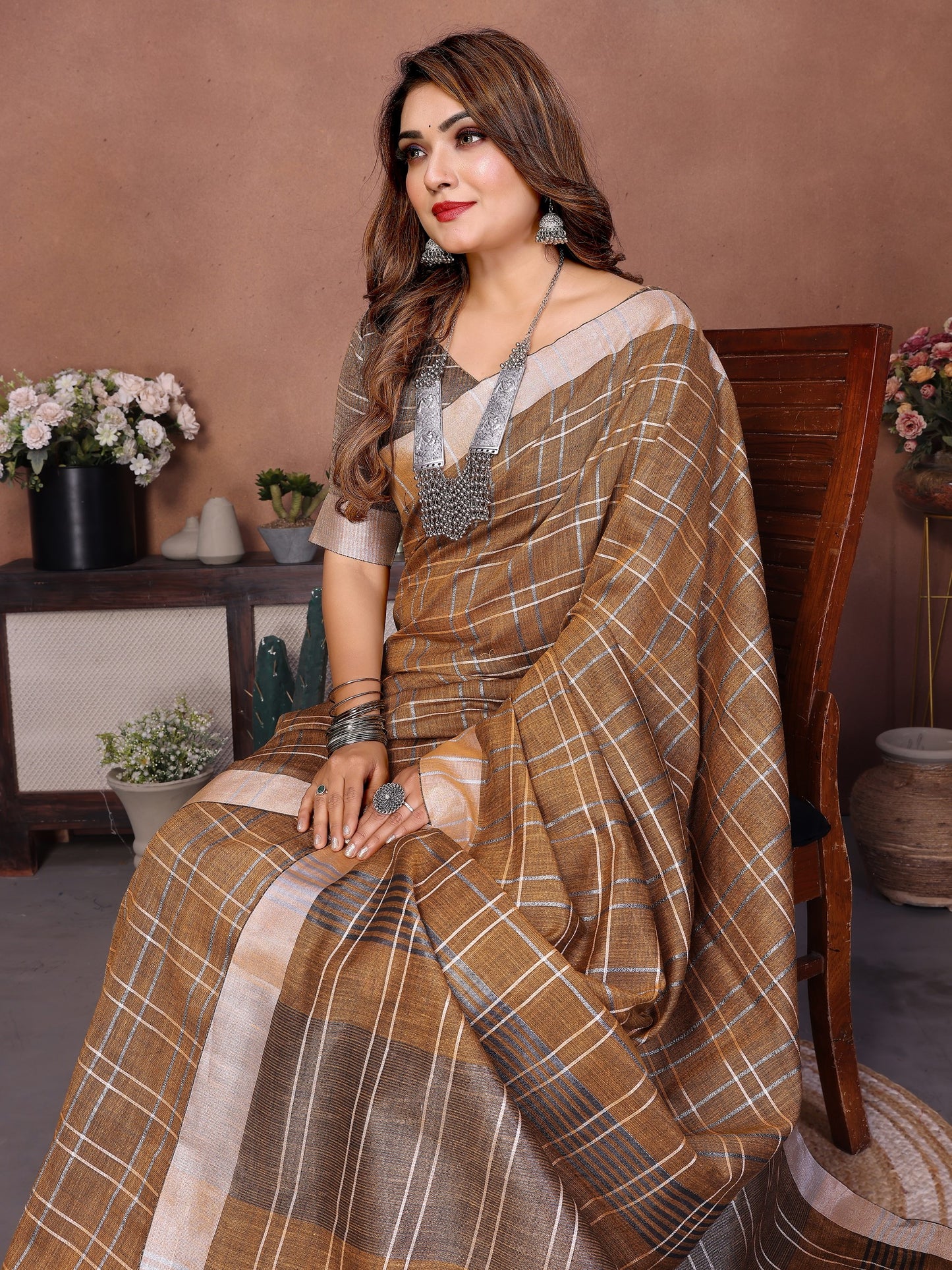 Coffee Weaving Linen Cotton Saree With Blouse