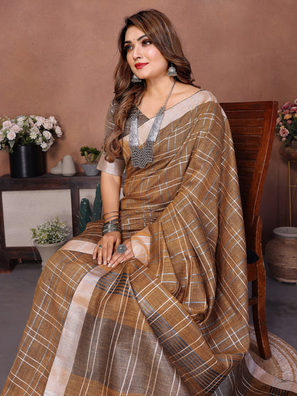 Coffee Weaving Linen Cotton Saree With Blouse