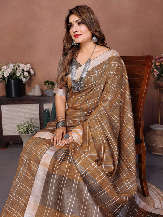 Coffee Weaving Linen Cotton Saree With Blouse