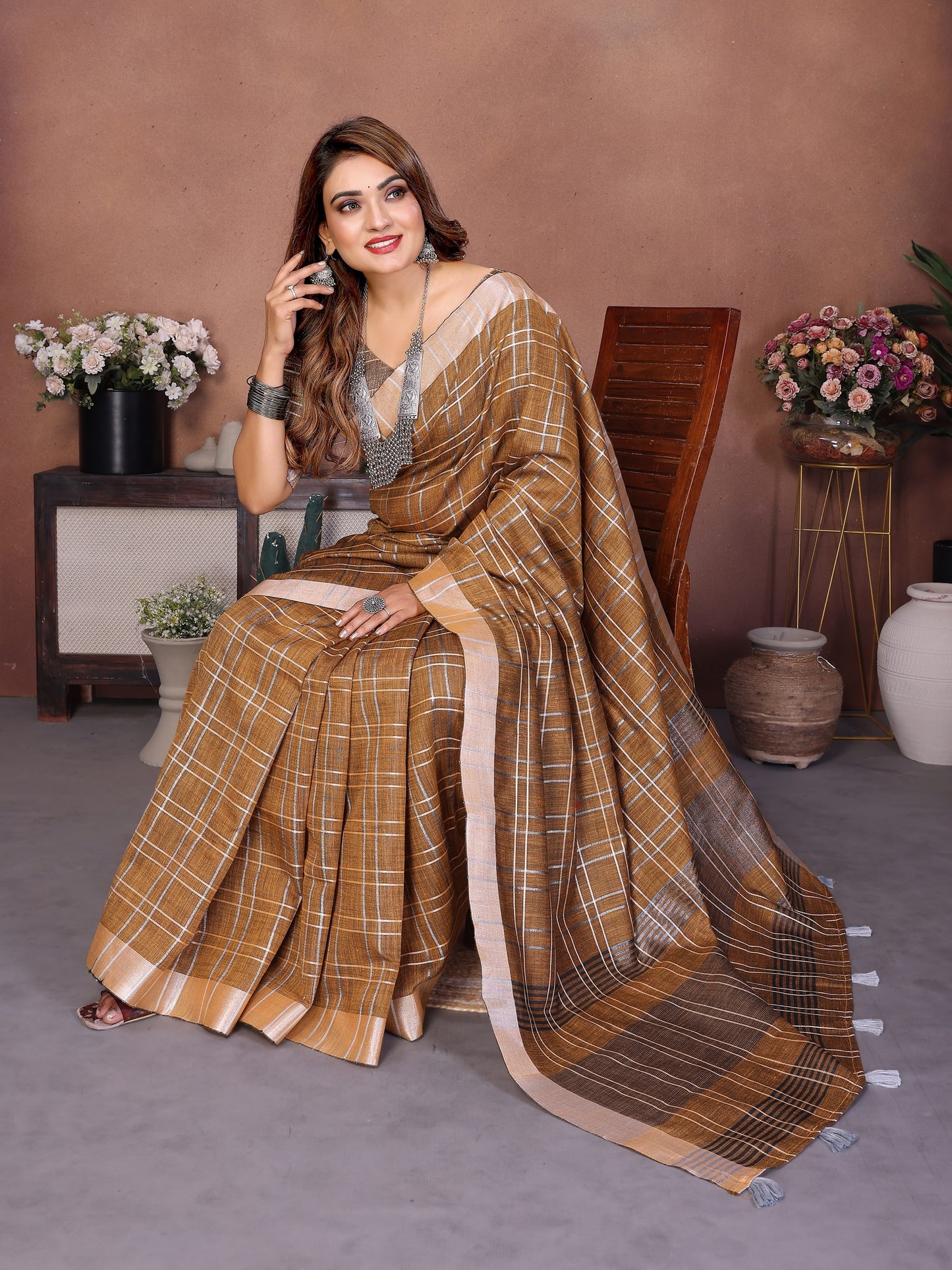 Coffee Weaving Linen Cotton Saree With Blouse