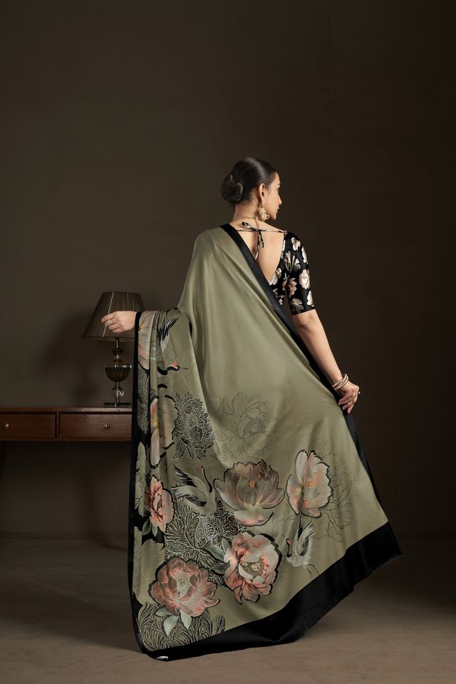 Pista Color Stylish Digital Printed Silk Crepe Fabric Saree For Trendy Looks