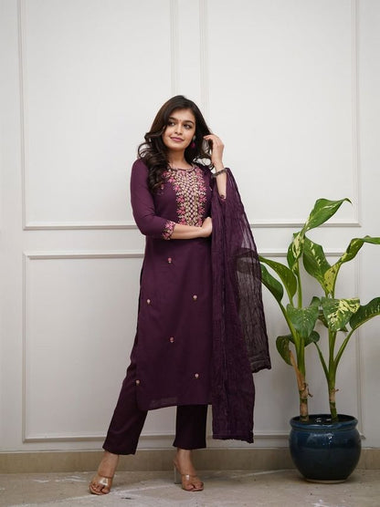 Wine Color Rayon Slub Fabric Beautiful Festive Wear Salwar Kameez