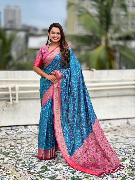 Blue Color Patola Silk Fabric Woven Meenakari Designer Saree