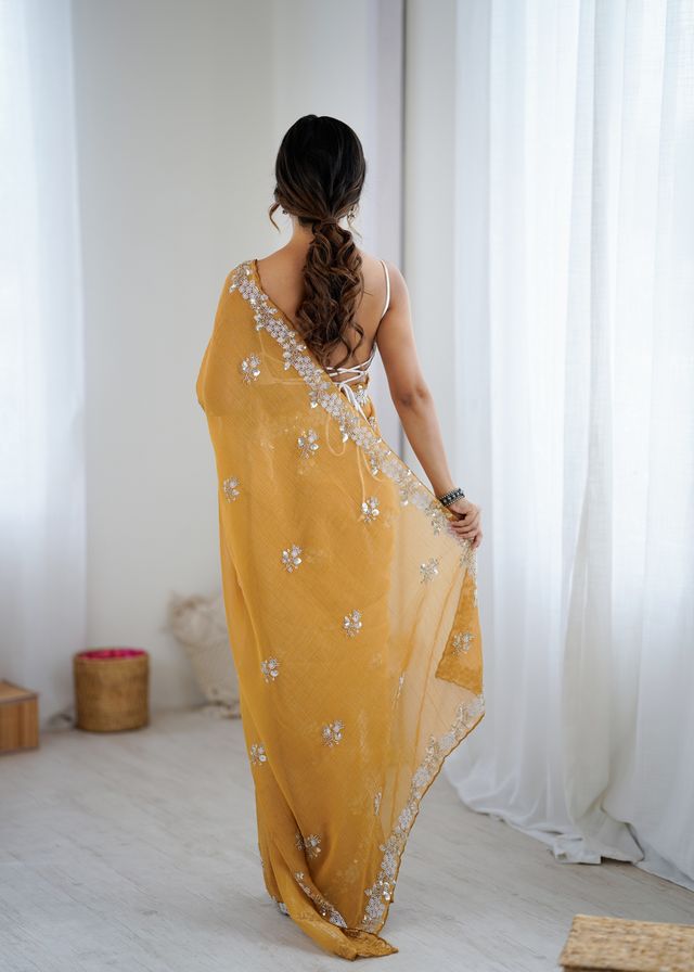 Mustard Color Chiffon Crush Fabric Heavy Designer Work Partywear Saree