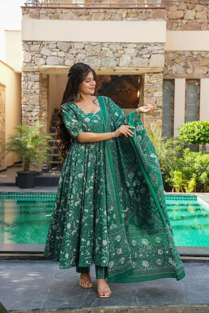 Green Color Muslin Fabric Designer Digital Printed Partywear Attire For Girl