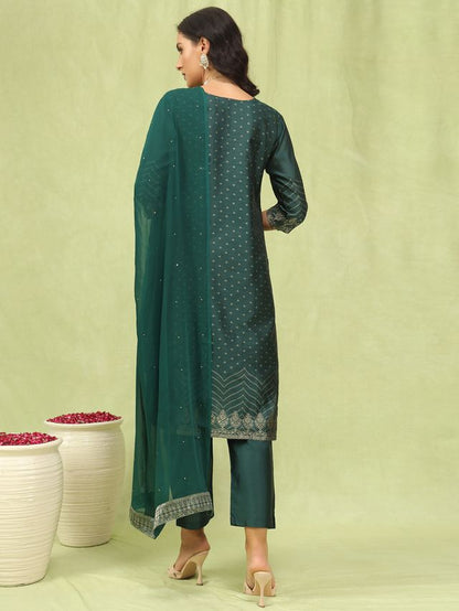 Green Color Silk Blend Fabric Designer Embroidered Suit
