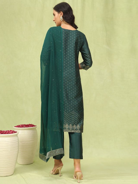Green Color Silk Blend Fabric Designer Embroidered Suit