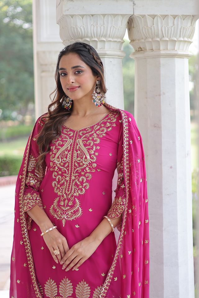Pink Color Faux Georgette Fabric Sequins Embroidered Wedding Ceremonial Sharara Suit