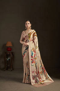 Peach Color Stylish Digital Printed Silk Crepe Fabric Saree For Trendy Looks