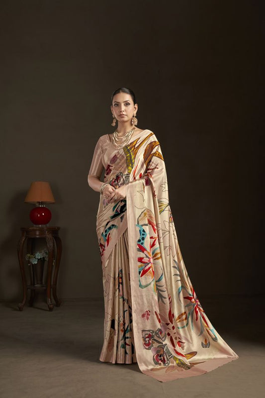 Peach Color Stylish Digital Printed Silk Crepe Fabric Saree For Trendy Looks