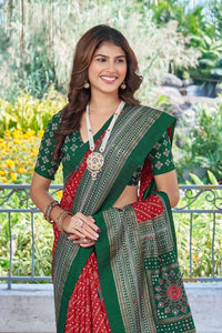 Red Color Velvet Tussar Silk Fabric Tradtional Woven Saree With Bandhej Print