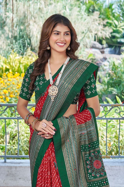 Red Color Velvet Tussar Silk Fabric Tradtional Woven Saree With Bandhej Print